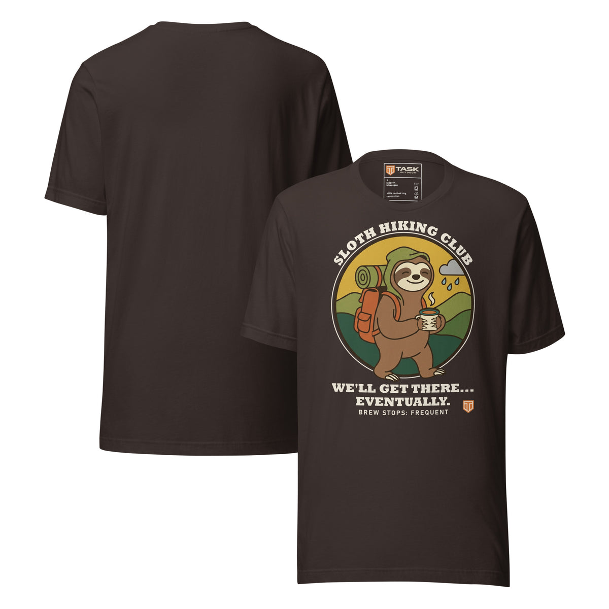 Sloth Hiking Club: Walking T-Shirt in Brown, front and plain back view