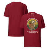 Sloth Hiking Club: Walking T-Shirt in Cardinal, front and plain back view