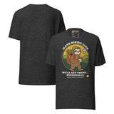 Sloth Hiking Club: Walking T-Shirt in Dark Grey Heather, front and plain back view