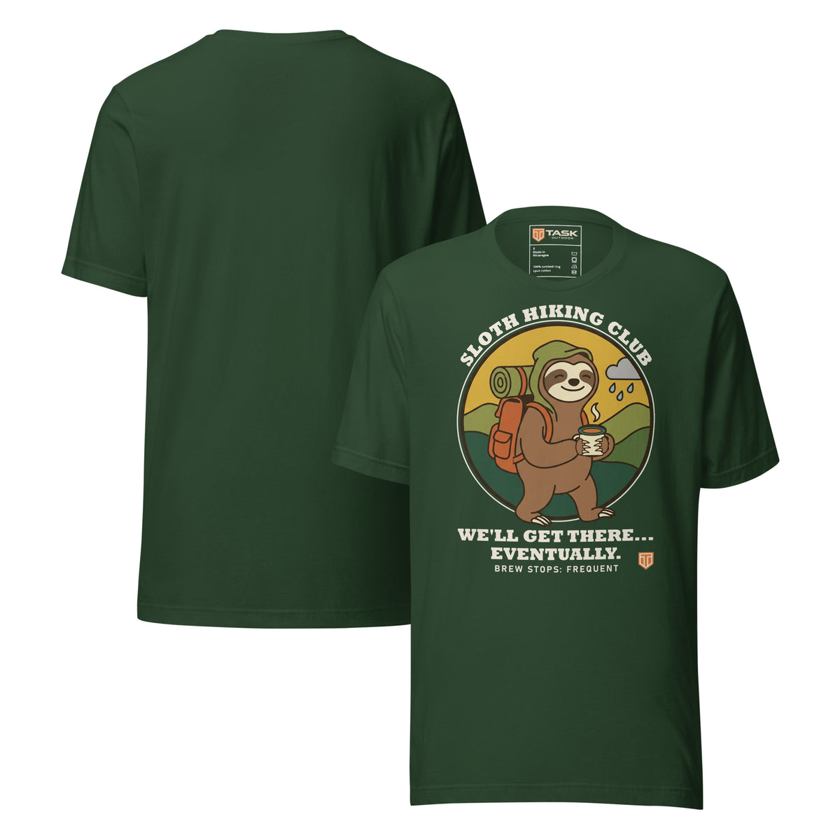 Sloth Hiking Club: Walking T-Shirt in Forest, front and plain back view