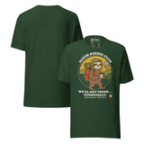 Sloth Hiking Club: Walking T-Shirt in Forest, front and plain back view