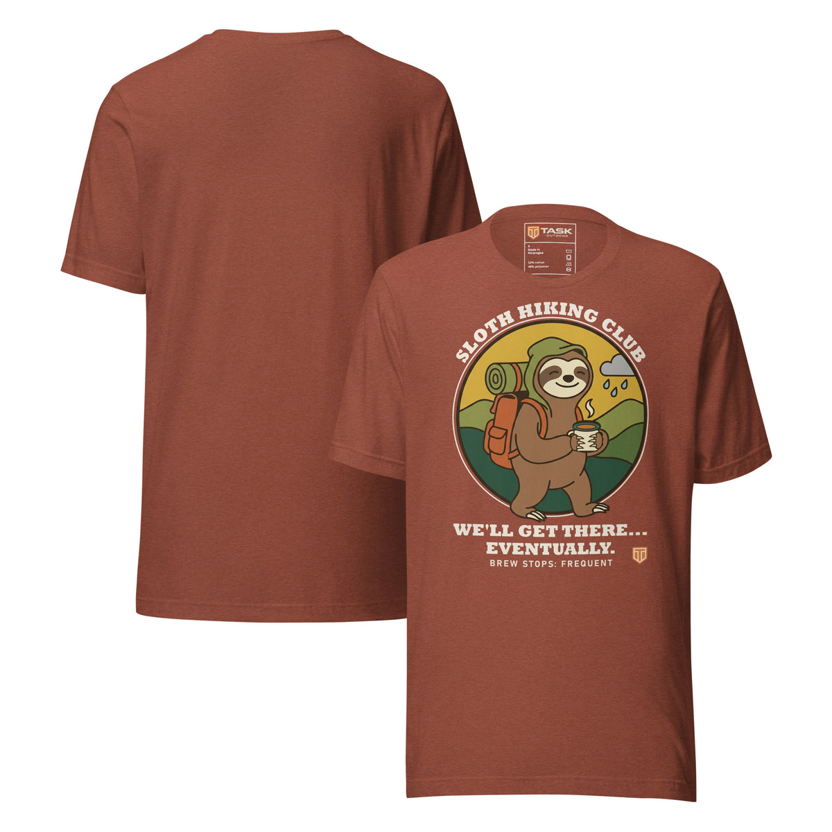Sloth Hiking Club: Walking T-Shirt in Heather Clay, front and plain back view