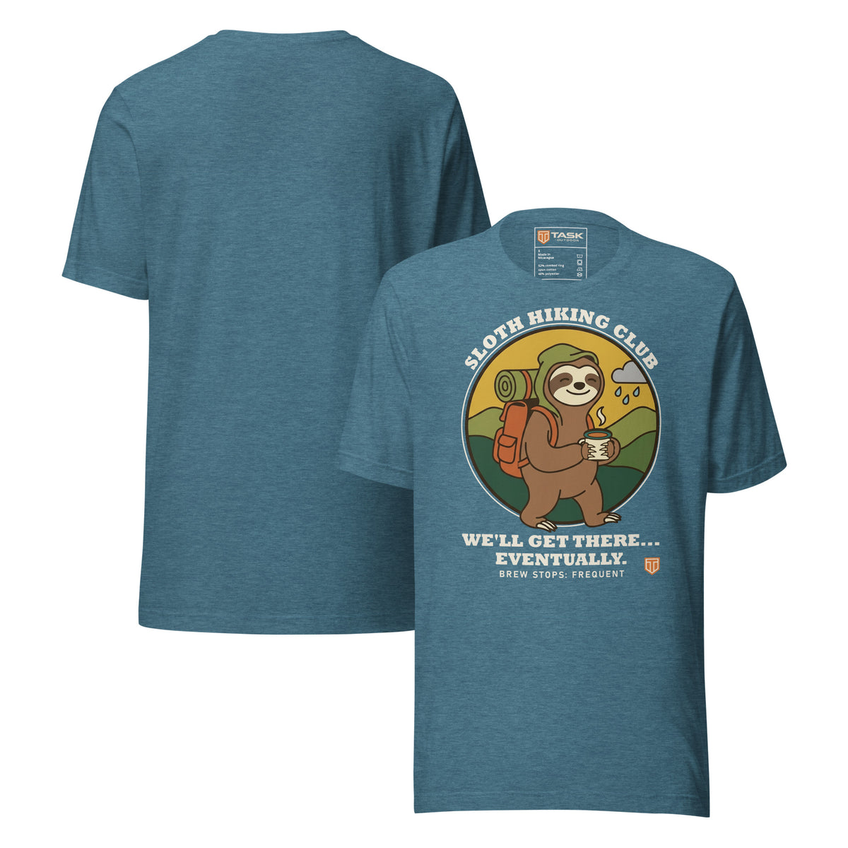 Sloth Hiking Club: Walking T-Shirt in Heather Deep Teal, front and plain back view