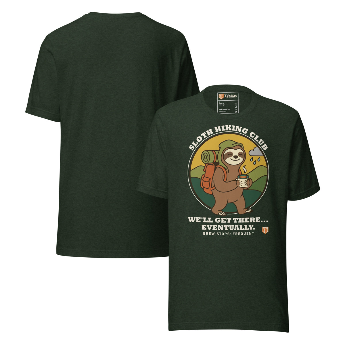 Sloth Hiking Club: Walking T-Shirt in Heather Emerald, front and plain back view
