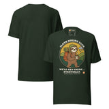 Sloth Hiking Club: Walking T-Shirt in Heather Emerald, front and plain back view