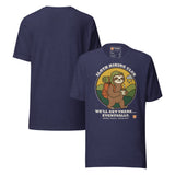 Sloth Hiking Club: Walking T-Shirt in Heather Midnight Navy, front and plain back view