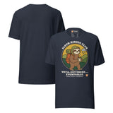 Sloth Hiking Club: Walking T-Shirt in Heather Navy, front and plain back view