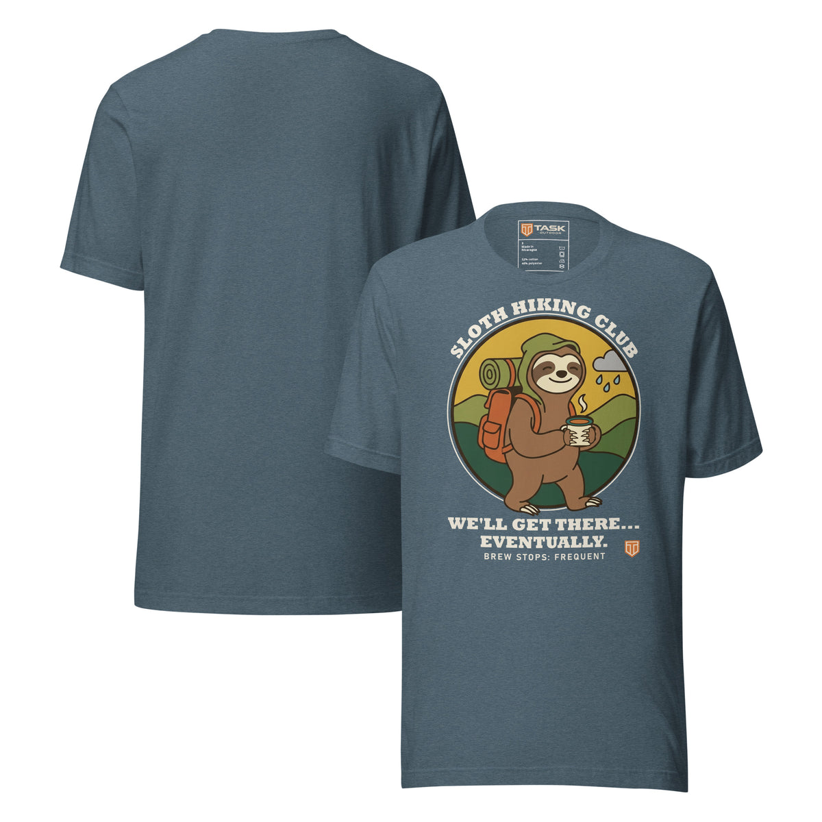 Sloth Hiking Club: Walking T-Shirt in Heather Slate, front and plain back view