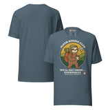 Sloth Hiking Club: Walking T-Shirt in Heather Slate, front and plain back view