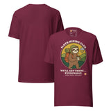Sloth Hiking Club: Walking T-Shirt in Maroon, front and plain back view
