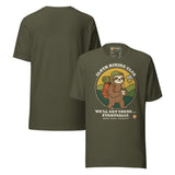Sloth Hiking Club: Walking T-Shirt in Military Green, front and plain back view