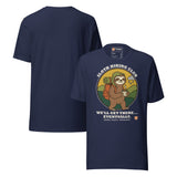 Sloth Hiking Club: Walking T-Shirt in Navy, front and plain back view