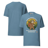 Sloth Hiking Club: Walking T-Shirt in Steel Blue, front and plain back view