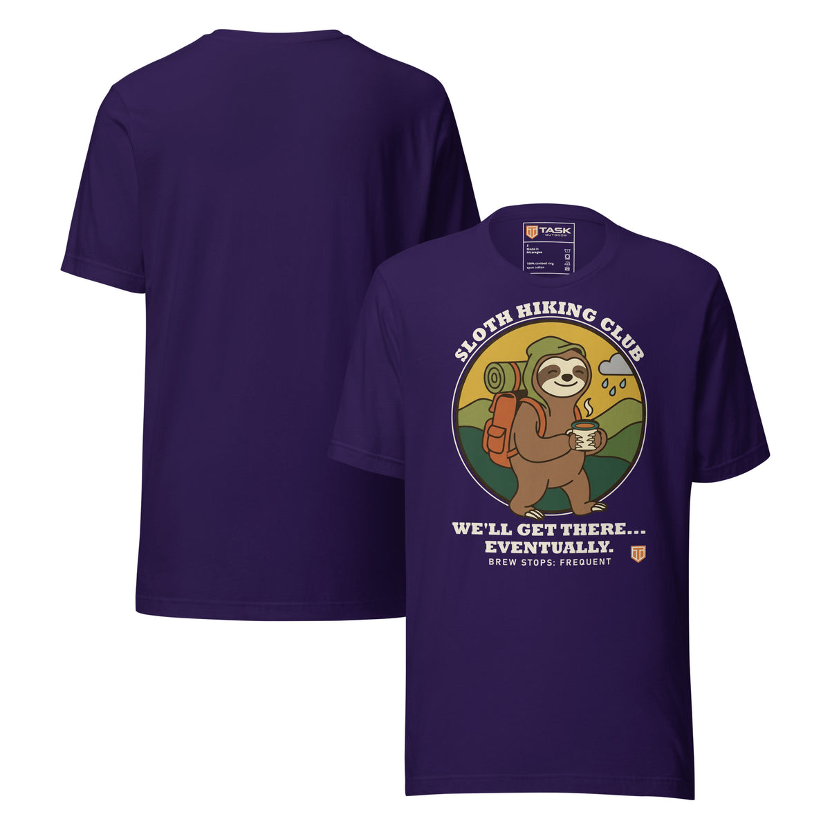 Sloth Hiking Club: Walking T-Shirt in Team Purple, front and plain back view