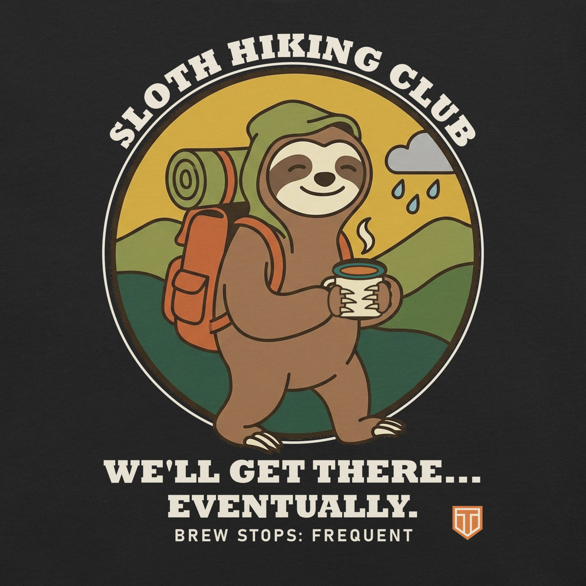 Sloth Hiking Club: Walking T-Shirt in Vintage Black, close-up of the front print: a sloth with a rucksack and a brew under a rain cloud