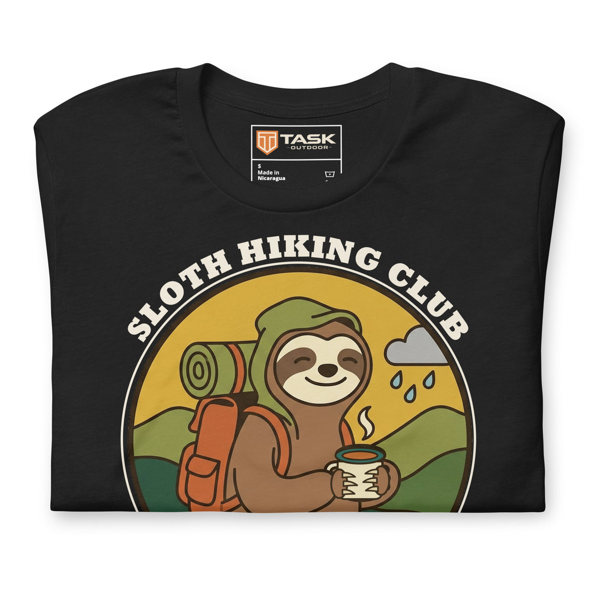 Sloth Hiking Club: Walking T-Shirt in Vintage Black, folded, with the printed Task Outdoor neck label above the print