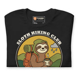 Sloth Hiking Club: Walking T-Shirt in Vintage Black, folded, with the printed Task Outdoor neck label above the print
