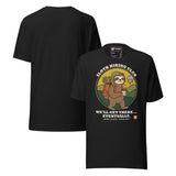 Sloth Hiking Club: Walking T-Shirt in Vintage Black, front and plain back view