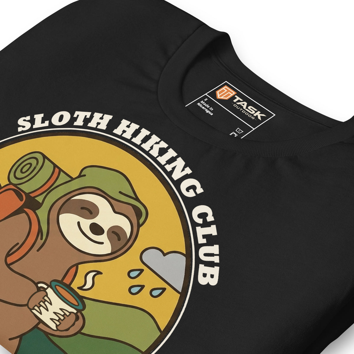 Sloth Hiking Club: Walking T-Shirt in Vintage Black, angled close-up of the print and printed neck label