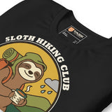 Sloth Hiking Club: Walking T-Shirt in Vintage Black, angled close-up of the print and printed neck label