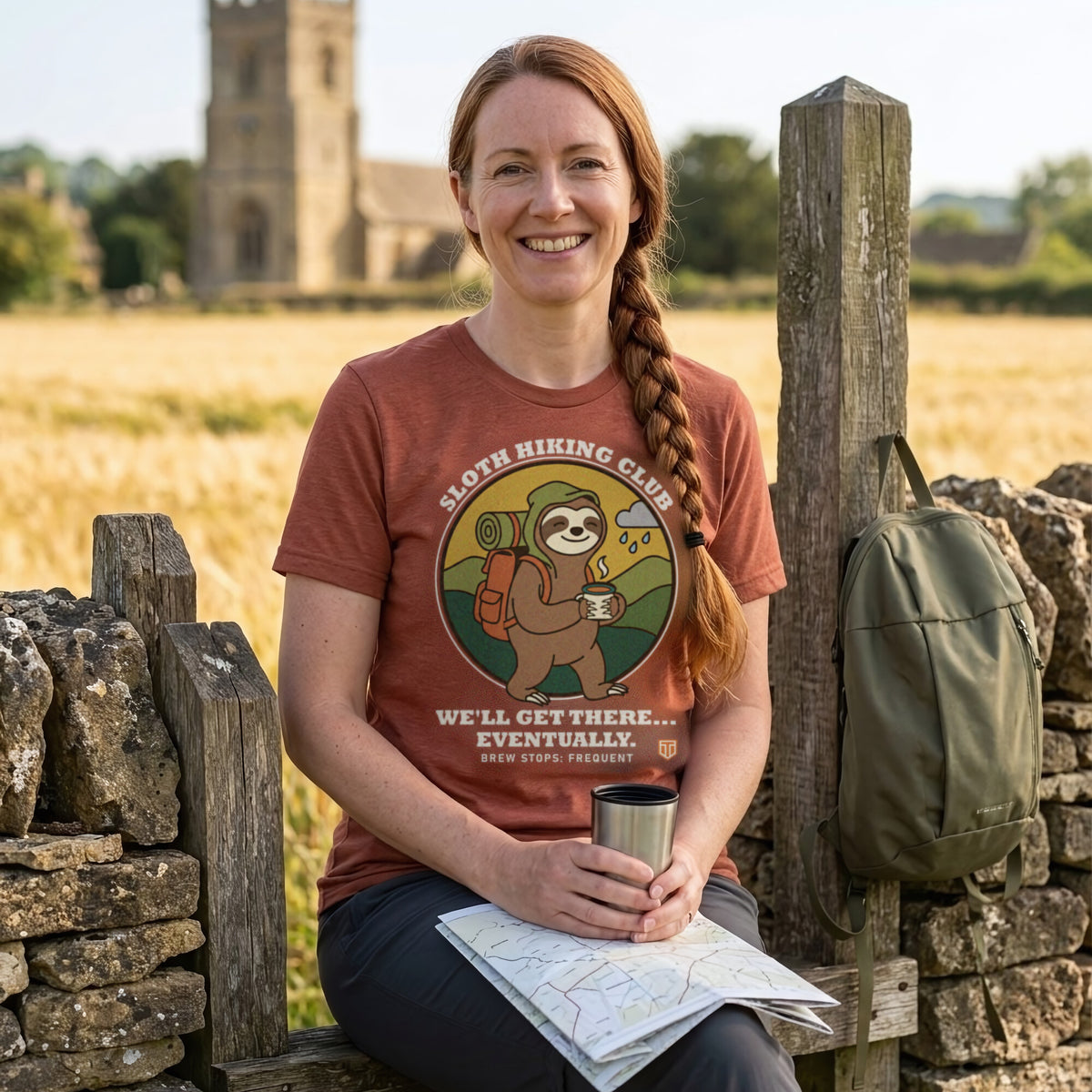 Woman with a map and a flask cup sitting on a Cotswolds stile, wearing the Sloth Hiking Club: Walking T-Shirt in Heather Clay
