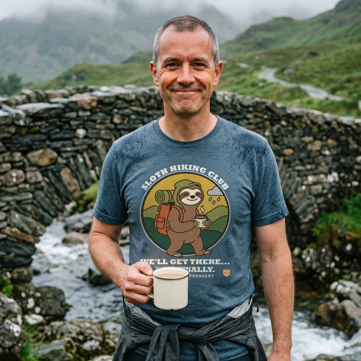Man with a mug of tea on a stone packhorse bridge in misty drizzle, wearing the Sloth Hiking Club: Walking T-Shirt in Heather Slate