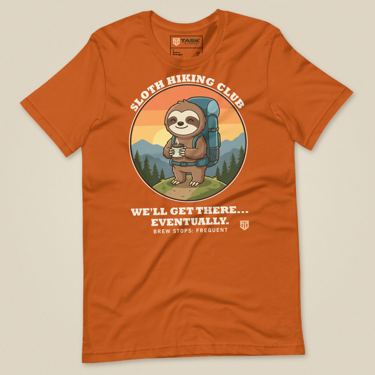 Sloth Hiking Club: Hilltop T-Shirt in Autumn, laid flat, front view