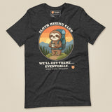 Sloth Hiking Club: Hilltop T-Shirt in Dark Grey Heather, laid flat, front view