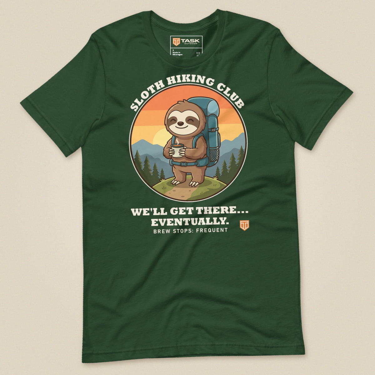 Sloth Hiking Club: Hilltop T-Shirt in Forest, laid flat, front view