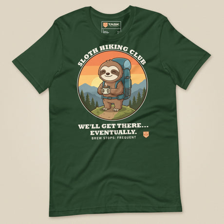 Sloth Hiking Club: Hilltop T-Shirt in Forest, laid flat, front view