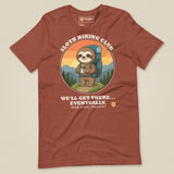 Sloth Hiking Club: Hilltop T-Shirt in Heather Clay, laid flat, front view