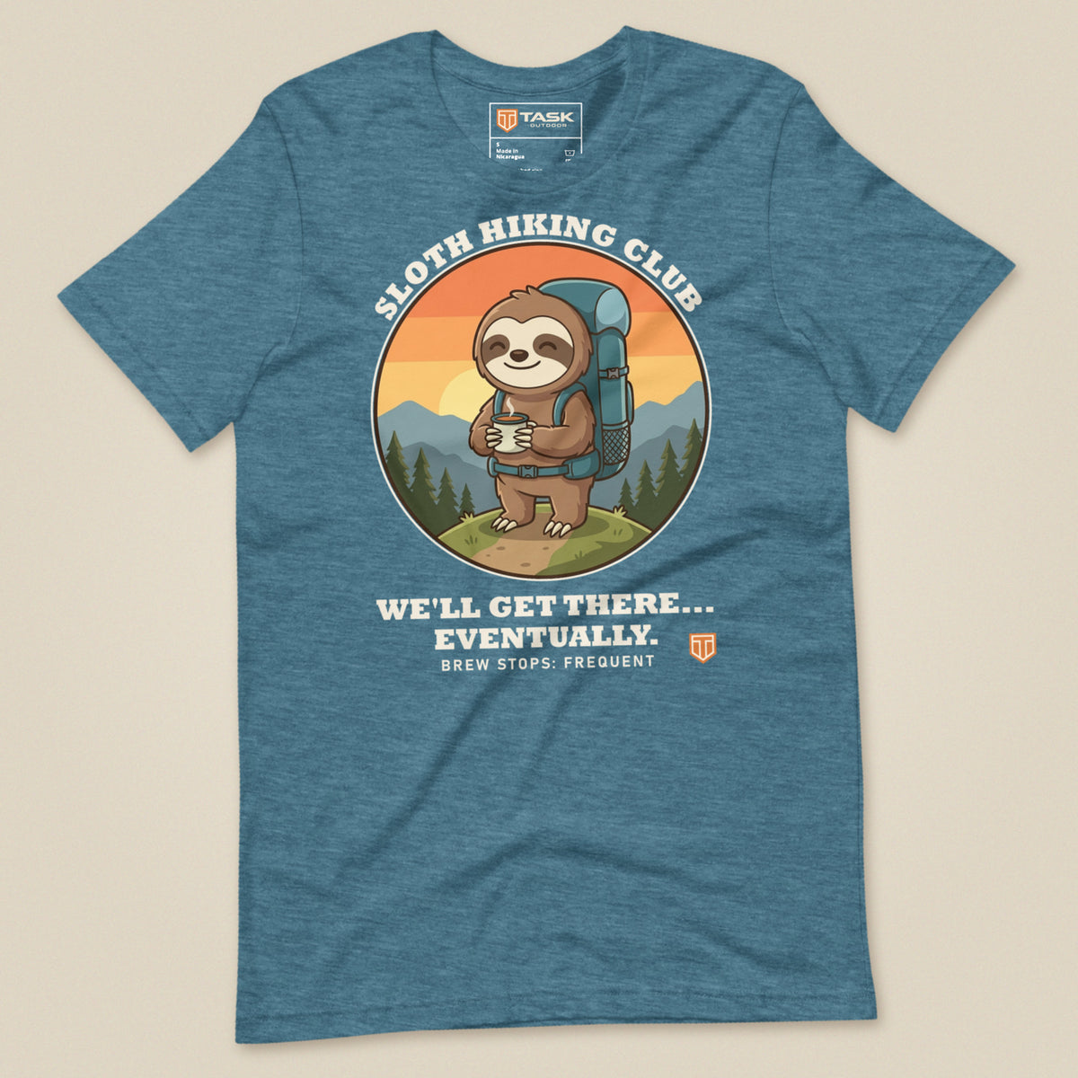 Sloth Hiking Club: Hilltop T-Shirt in Heather Deep Teal, laid flat, front view