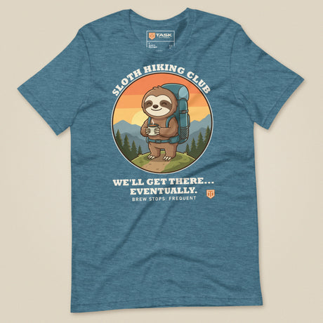 Sloth Hiking Club: Hilltop T-Shirt in Heather Deep Teal, laid flat, front view