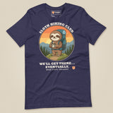 Sloth Hiking Club: Hilltop T-Shirt in Heather Midnight Navy, laid flat, front view