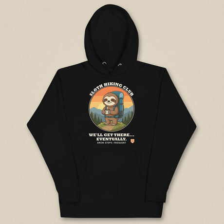 Sloth Hiking Club: Hilltop Hoodie in Black, laid flat, front view