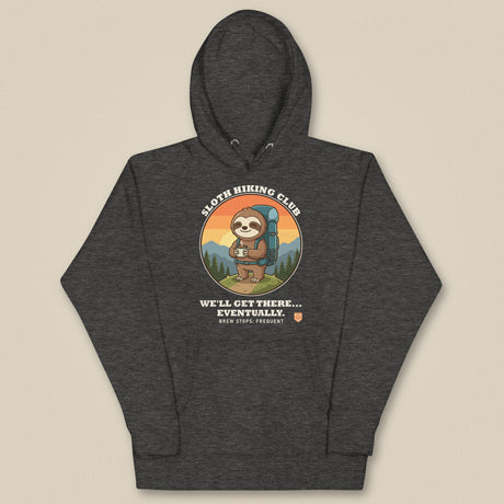Sloth Hiking Club: Hilltop Hoodie in Charcoal Heather, laid flat, front view