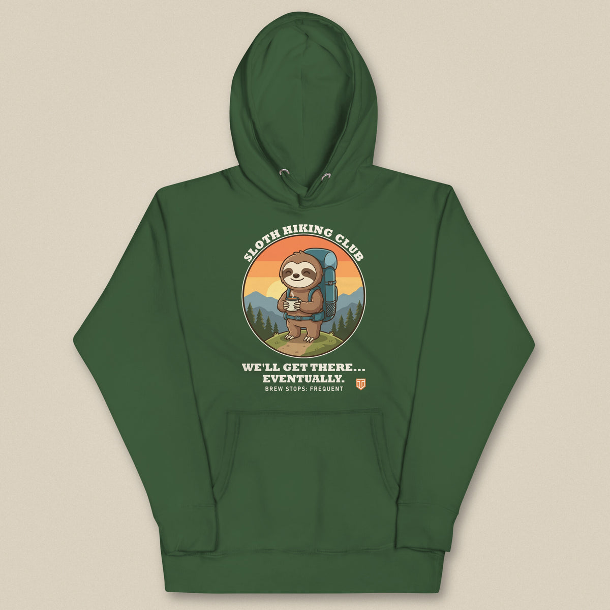 Sloth Hiking Club: Hilltop Hoodie in Forest Green, laid flat, front view