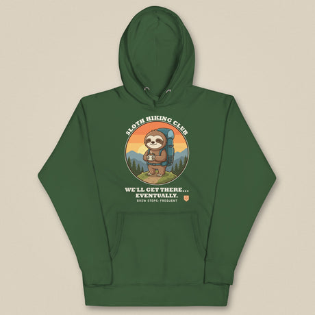 Sloth Hiking Club: Hilltop Hoodie in Forest Green, laid flat, front view
