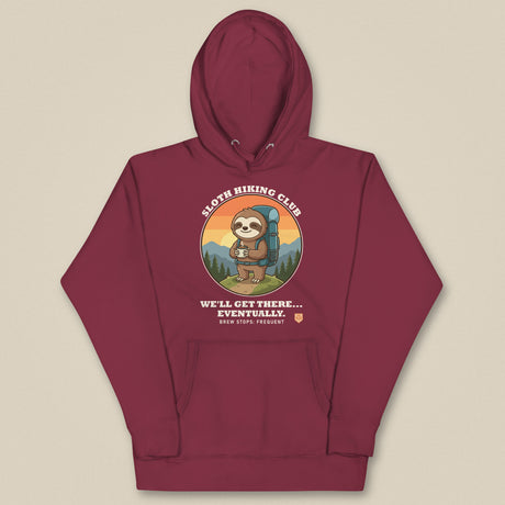 Sloth Hiking Club: Hilltop Hoodie in Maroon, laid flat, front view