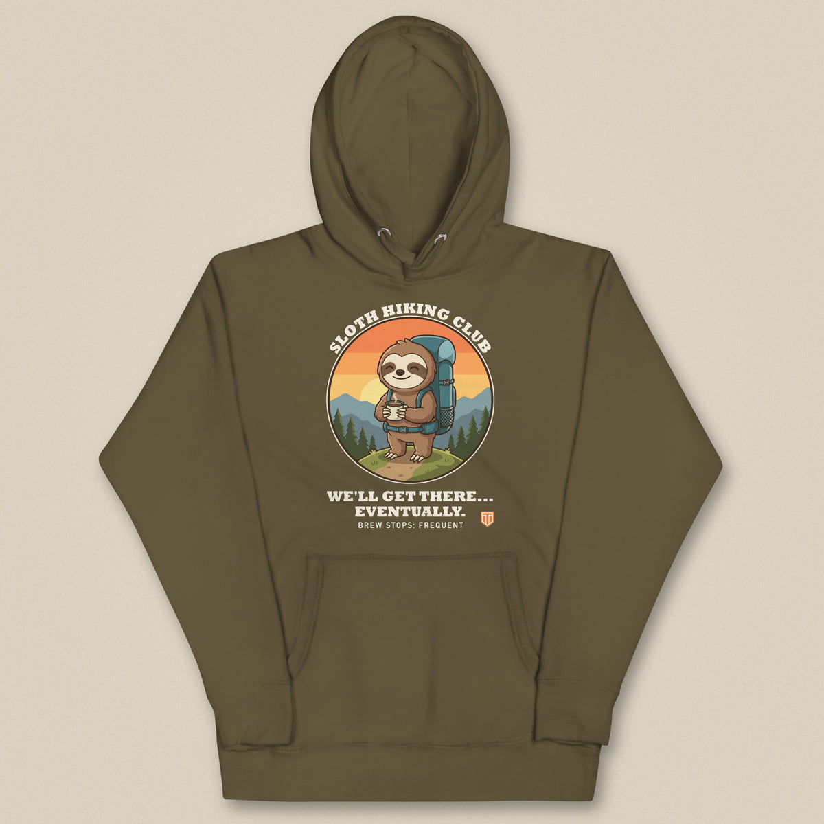 Sloth Hiking Club: Hilltop Hoodie in Military Green, laid flat, front view