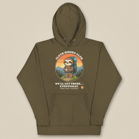 Sloth Hiking Club: Hilltop Hoodie in Military Green, laid flat, front view