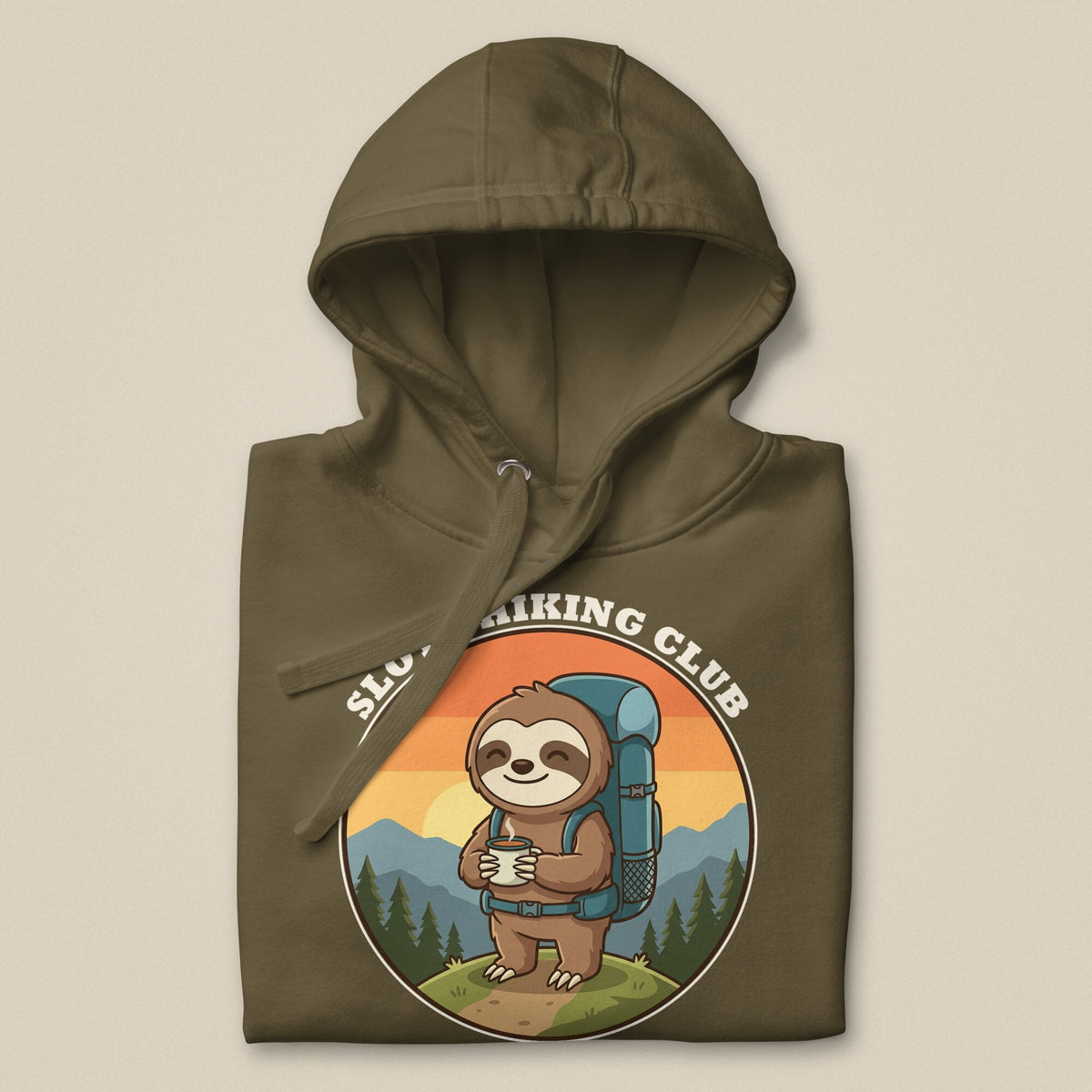 Sloth Hiking Club: Hilltop Hoodie in Military Green, folded