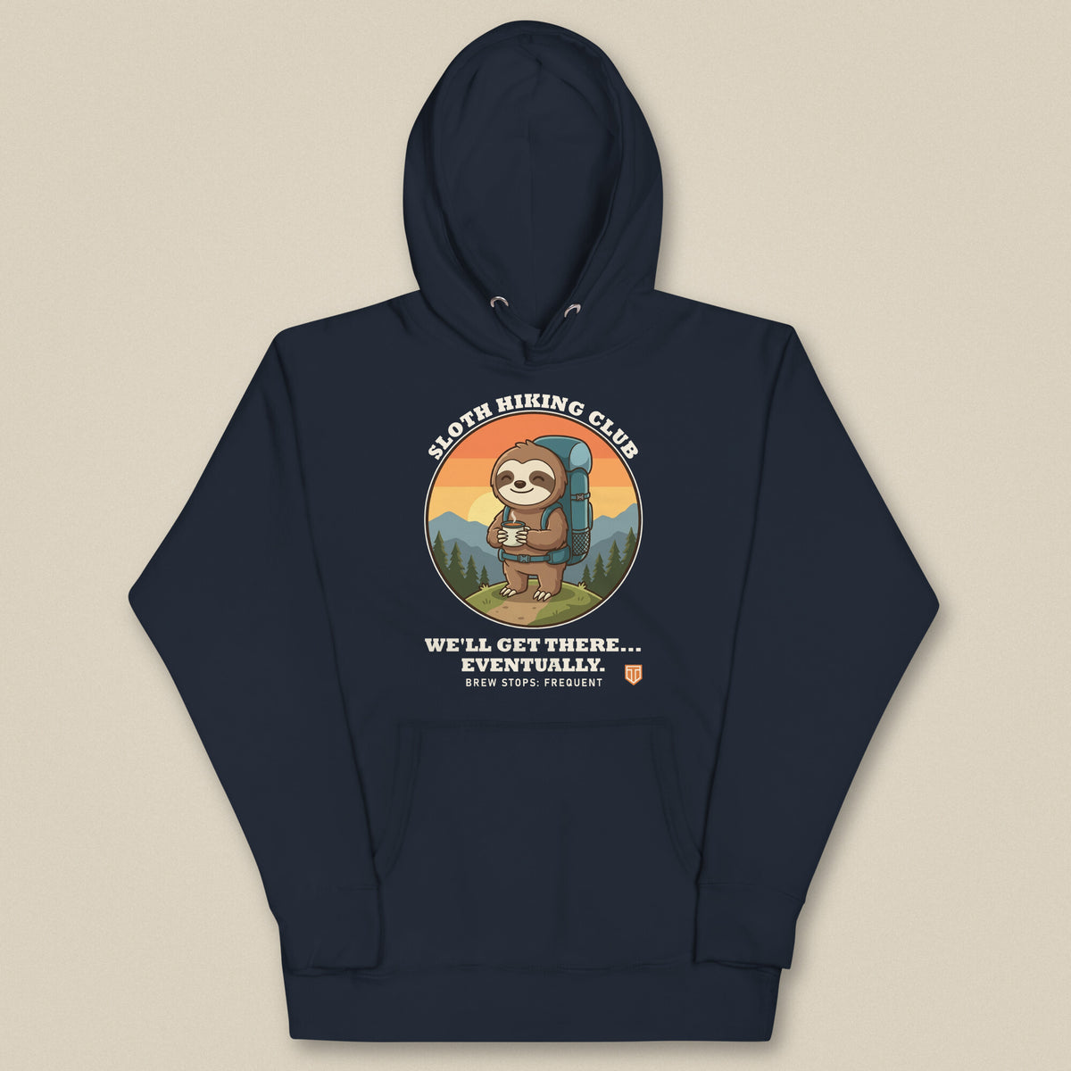 Sloth Hiking Club: Hilltop Hoodie in Navy Blazer, laid flat, front view