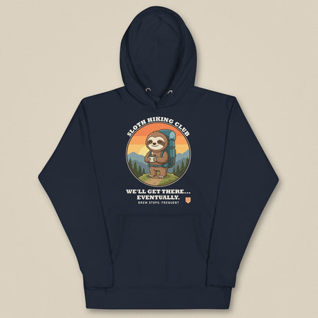 Sloth Hiking Club: Hilltop Hoodie in Navy Blazer, laid flat, front view