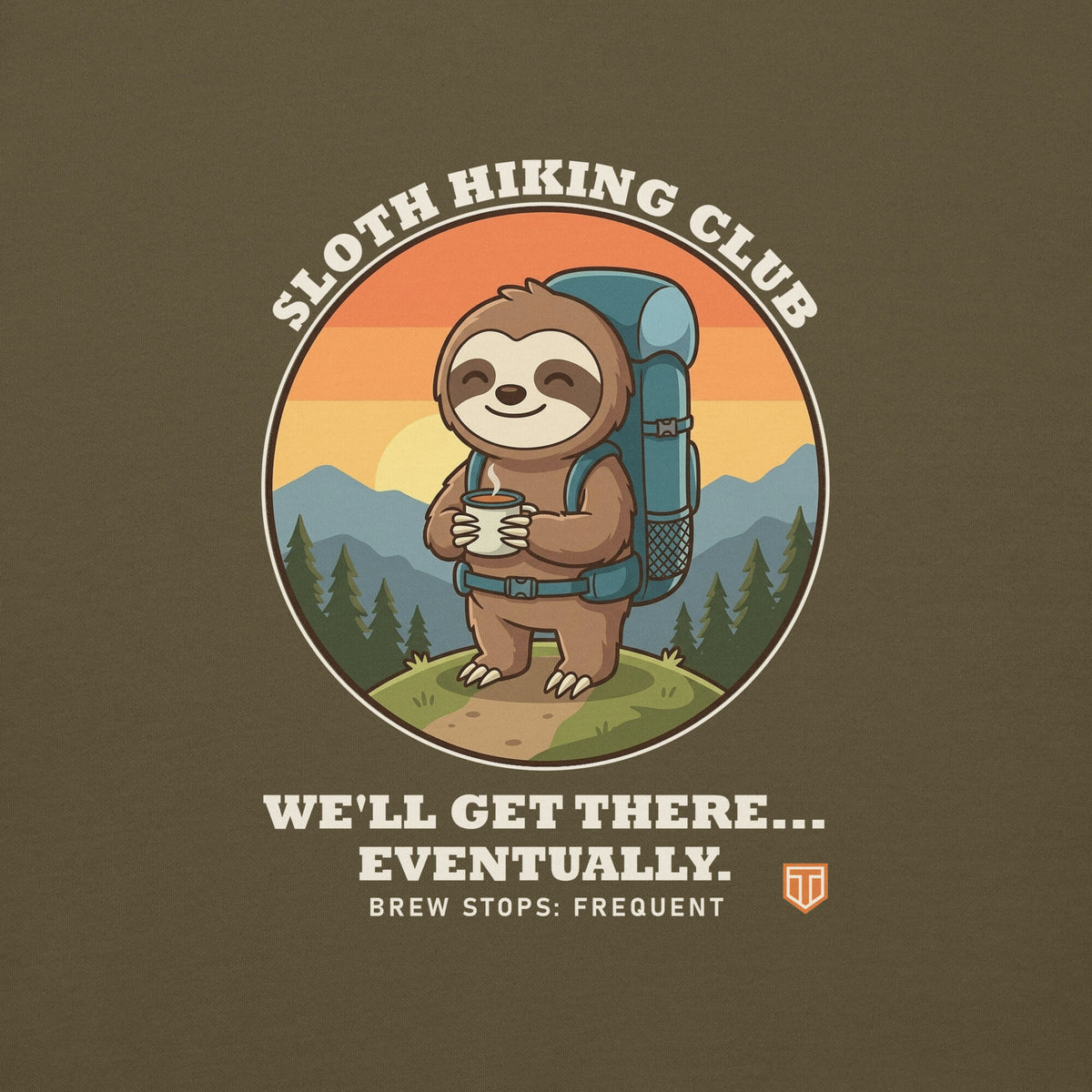 Close-up of the Sloth Hiking Club: Hilltop Hoodie print: a sloth with a brew and a blue rucksack on a hilltop at sunset