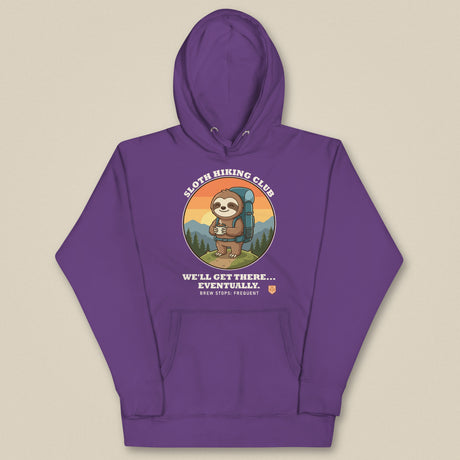 Sloth Hiking Club: Hilltop Hoodie in Purple, laid flat, front view