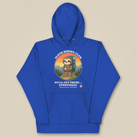 Sloth Hiking Club: Hilltop Hoodie in Team Royal, laid flat, front view