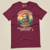Sloth Hiking Club: Hilltop T-Shirt in Maroon, laid flat, front view