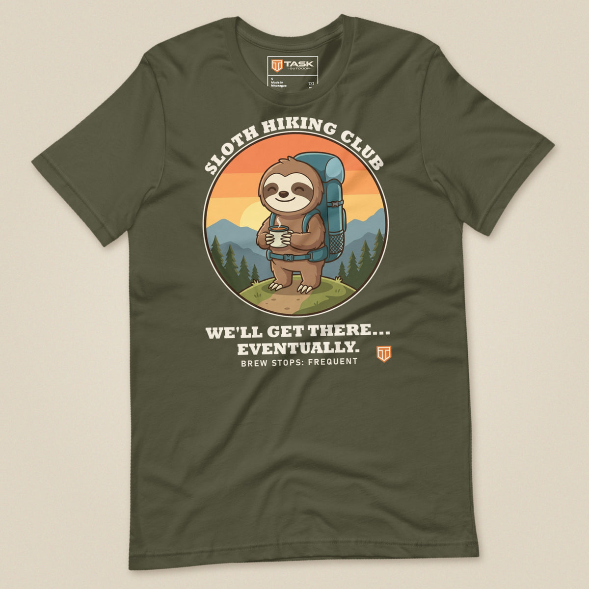 Sloth Hiking Club: Hilltop T-Shirt in Military Green, laid flat, front view