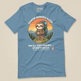 Sloth Hiking Club: Hilltop T-Shirt in Steel Blue, laid flat, front view